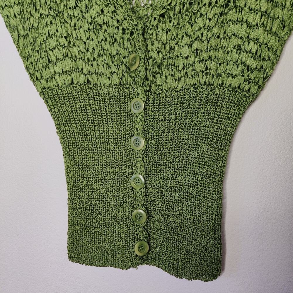 Vintage Bebe Y2K Kelly Green Woven Ribbon Stretch Knit Button Front Top Medium - Picture 4 of 10